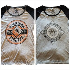 2 American Fighter Raglan Baseball Tees 3/4 Sleeve Graphic Logo Shirt Cotton M
